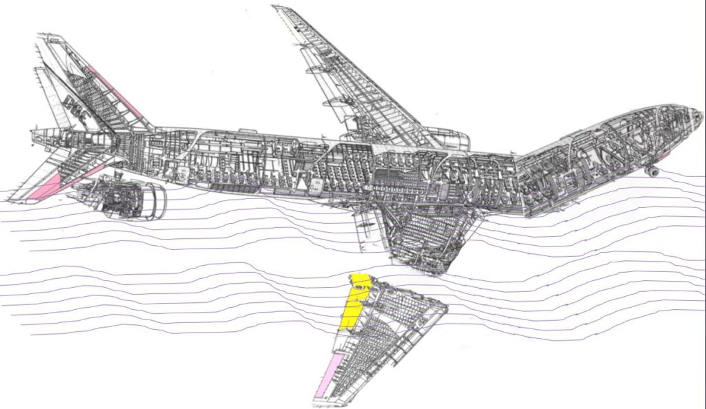 Rupture of the right wing and forward fuselage and right engine detached backward - MH370 ditching