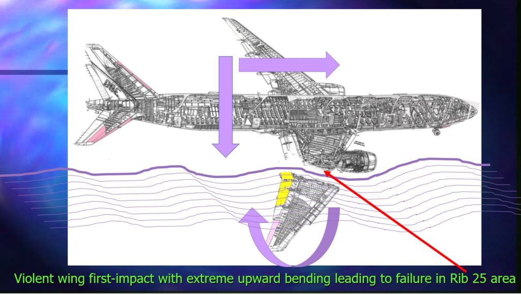 Violent impact of the rest of the right wing suffering large deformations - MH370 ditching