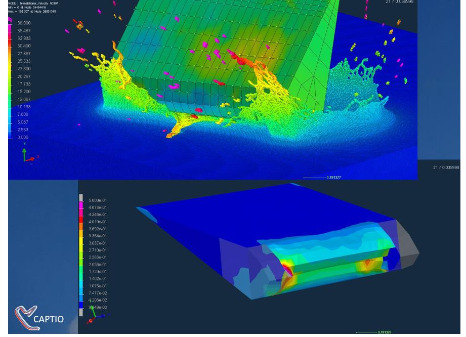 Full 3D simulation of the MH370 flaperon hitting the water, assumed flexible and hitting the water under free fall