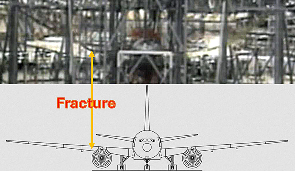 Boeing 777 wingbox certification test - rupture under static test to failure - location of rupture